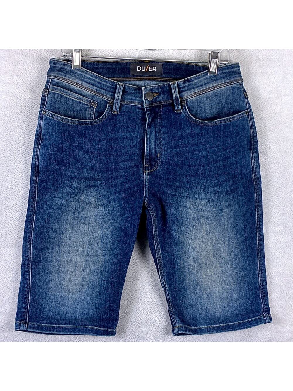 DU/ER Shorts Men 32 Blue L2X Denim Jorts Commuter Stretch Faded Whiskered Preppy